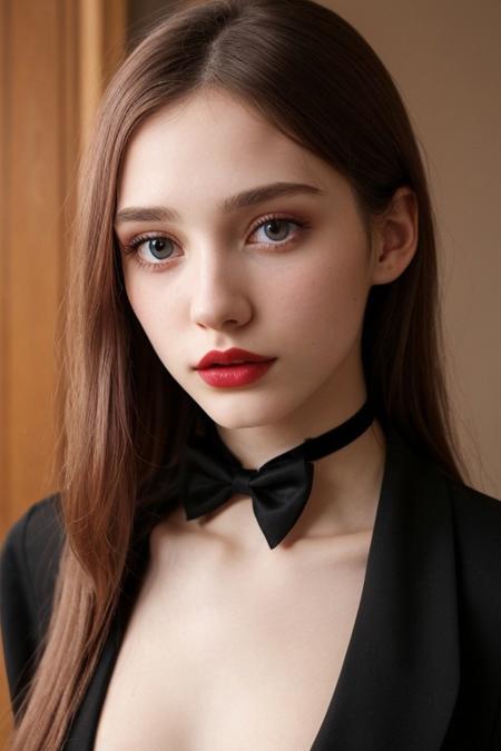 beautiful cute woman, 20 years old, (nsfw:0.5), petite, delicate face, extremely detailed, photorealistic, hires, blush, rouge, lipstick, cute nose, ribbon, choker, bowtie, mole, porcelain skin, elegant dress, torso