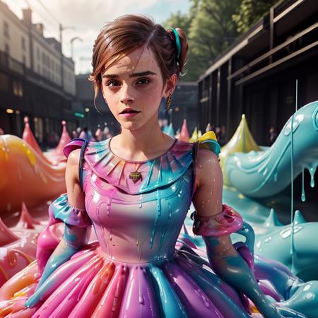 (emma watson wearing a wet paint betsey johnson dress:1.25), multicolored, <lora:paintpop:0.71>, paintpop, cute face, perfect face, rtx on, ray tracing enabled, 3d render, octane render