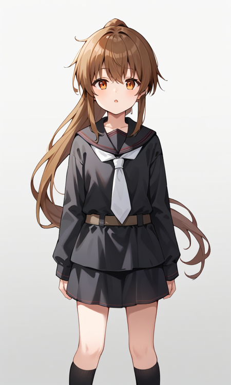 fumizukikainiKC, long hair, long sleeves, ponytail, pleated skirt, necktie, serafuku, black skirt, blue jacket, crescent, black sailor collar, yellow neckerchief,