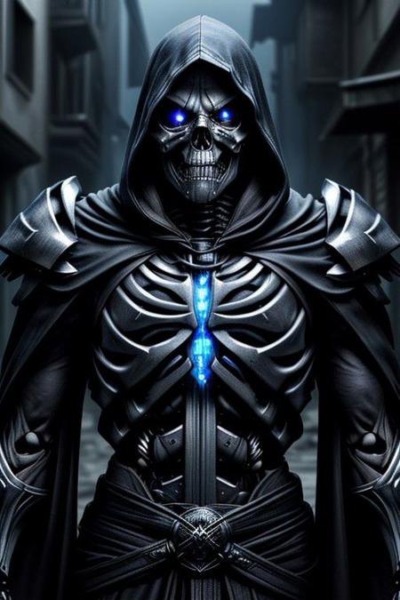 (masterpiece:1.2), best quality, high resolution, perfect lighting, extremely detailed, (Terminator assasin),  battle scared white and black carbon armor,  Wearing a dark cloak with hood, skull face just visable under hood, (very dim light blue eyes, eyes very dim blue glow), (full_armor fitted like a skeleton ribs design), humanoid, Metal Human skull head, (extreme detailed micro mechcanical scary Metal human skull design). Samurai sword shinning silver, Runes decorative embossments over his cloak, slim muscular body fast agile and stealthy, background a dark back street with subtle lighting and shadows, facing viewer, solo,