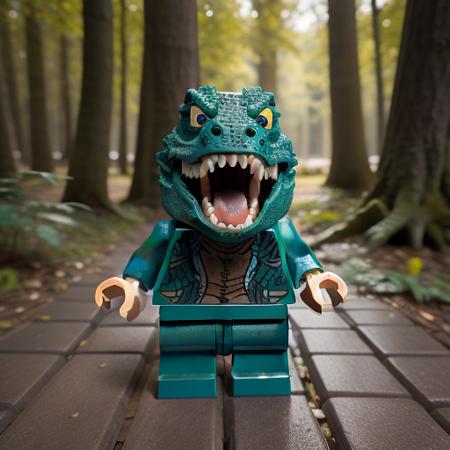 no humans, teeth, open mouth, tree, solo, sharp teeth, nature, outdoors, leaf, monster, forest, dinosaur, day, tongue,
<lora:lego1.5v1:1.2>Lego minifigure,