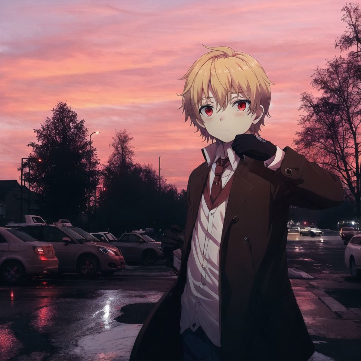 <lora:anime_irl:1>, anime_irl,  a red sky at night with a lot of cars parked in the lot and people walking on the sidewalk...
