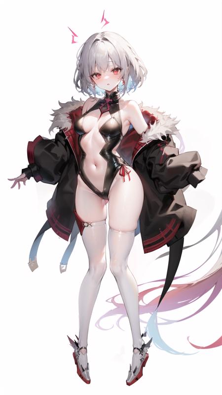 1girl, bare shoulders, breasts, detached sleeves, floating, highleg, highleg leotard, leotard, short hair, long sleeves, looking at viewer, navel, red eyes, simple background, small breasts, solo, standing, thighhighs, white background, white hair, white legwear, (((upper body:1.2))), 

 <lora:123456:0.5> <lora:12345:0.5>