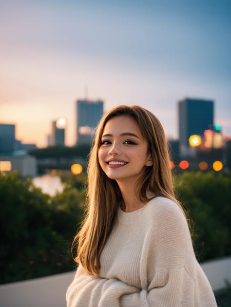 a full body photo of 1girl, <lora:karnaval_v2:1>, Karnaval, smiling, long hair, cityscape of Tokyo, cozy sweater, magic hour, hard light, bokeh, depth of field, <lora:add_detail:0.7>, <lora:FilmVelvia3:0.3 >, <lora:real_skin:0.4>