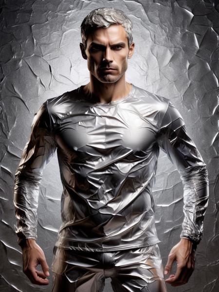 a man dressed in ral-alufoil sportswear, dynamic pose <lora:ral-alufoil-sdxl:1> ringlight, stone wallpaper, black background