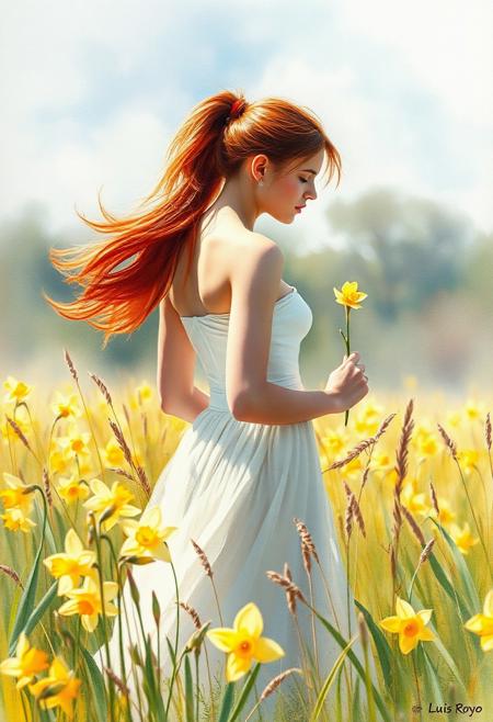 Watercolor masterpiece by Luis Royo, Pino Daeni, and Wadim Kashin depicts a beautiful woman with a fiery red ponytail sashaying through a lively English meadow blooming with daffodils in early spring, holding a delicate wildflower, the sea of daffodils and tall grass shimmers in the afternoon breeze, capturing a scene of serene wilderness, soft pastel colors, realistic light play,