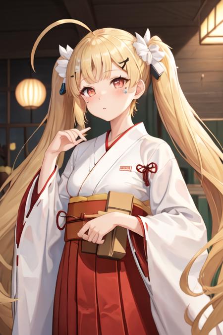 best quality, masterpiece, highres, solo, {white kimono:1.35}, {red hakama:1.35}, {wide sleeves:1.20}, {eldridge_azurlane:1.15}, blonde_hair, hair_ornament, ahoge, long_hair, bangs, blush, twintails, facial_mark, red_eyes, very_long_hair, hairclip, breasts, small_breasts