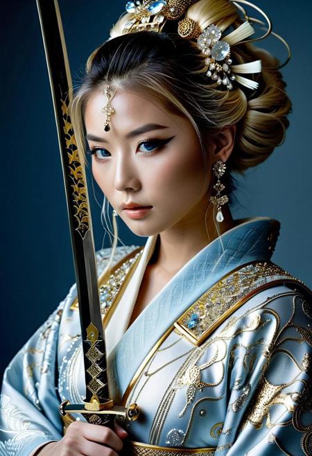 score_9, score_8_up, score_7_up,
Realistic close-up of a 20 year old woman Asian, who is the focal point. Her striking features include white painted kin, exceptionally bright, almost luminous icy-blue eyes, and long, flowing platinum blonde hair styled in an elegant updo. Her hair is accented with an elaborate jeweled hairpiece, a delicate and ornate arrangement of gold and various sparkling stones, predominately in shades of white and light blue. She also wears elegant, dangling earrings that complement the hairpiece. Her clothing is equally opulent, a light, almost white, garment with intricate detailing.
The woman grips a katana (a Japanese sword) with both hands, holding it across her body, partially obscuring her face. The sword's hilt is extravagantly decorated with a similarly lavish design as her jewelry and clothing, featuring intricate gold metalwork and numerous embedded jewels that shimmer and catch the light. The blade itself is long and gleaming, reflecting a subtle light.
The lighting in the picture is dramatic and seemingly ethereal, creating a soft glow around the woman, emphasizing her striking eyes and the details of her clothing and the sword. The color palette consists mostly of cool tones, with the icy blue of her eyes and the silvery-white of her clothing highlighting the use of gold and sparkling accents, creating a visually striking contrast.
Samurai , cinematic, ninja, samurai
(real photograph:2.0), fflix-geisha