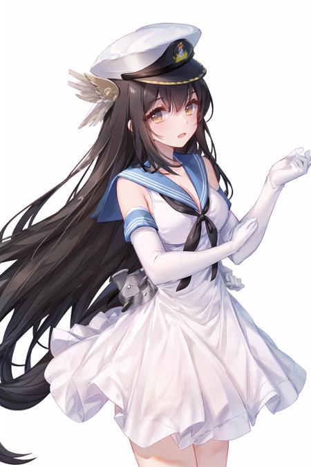 Hermes, 1girl, solo.elbow gloves, white gloves, sailor dress, white dress, cleavage, sailor collar, white headwear, sleeveless dress, military hat;standing, looking at viewer, (cowboy shot).white background,<lora:hans修手v3:0.600000>,<lora:Hermes-000024_reg:0.400000>,<lora:Hermes-000028:0.400000>