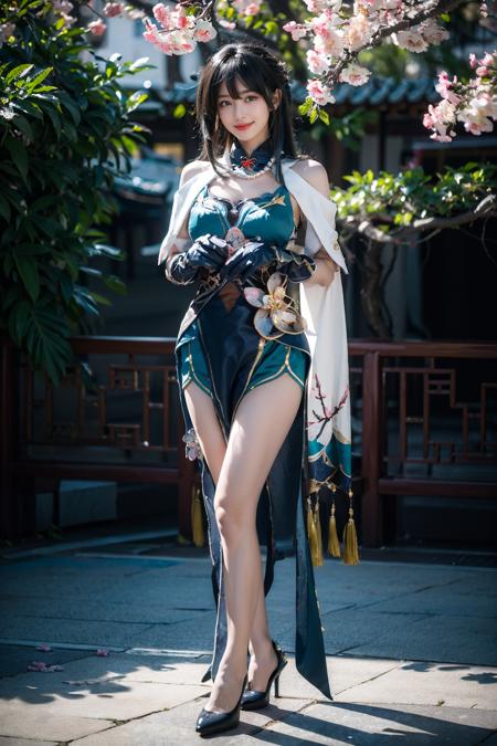 best quality, masterpiece, photorealistic, 1girl, solo, standing, full body, looking at viewer, smile, closed mouth, bangs, hair between eyes, ruanmei cosplay costume, china dress, chinese clothes, cosplay, ruanmei, dress, gloves, elbow gloves, hair ornament, jewelry, high heels, chinese garden, tree, flower, plum blossom, <lora:starrail_Ruanmei_cosplay_v1:0.7>