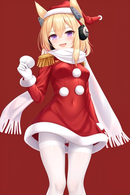 masterpiece, best quality, highres, solo, {warspite_azurlane:1.10}, blonde_hair, long_hair, purple_eyes, bangs, hair_between_eyes, blush, headgear, sidelocks, epaulettes, smile, breasts, 1girl, christmas, hat, looking_at_viewer, santa_costume, santa_hat, scarf, white_scarf, gloves, pantyhose, white_pantyhose, earmuffs, animal_ears, boots, hair_ears, holding, open_mouth, red_footwear, red_gloves, simple_background, white_background