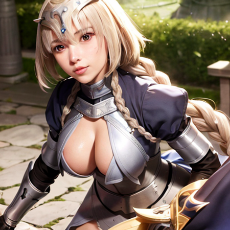 ultra realistic 8k cg, picture-perfect face, flawless, clean, masterpiece, professional artwork, 1girl, jeanne d'arc (fate), jeanne d'arc (ruler) (fate), braid, armor, gauntlets, headpiece <lora:qqq-jeanne_d'arc-v1:0.7>