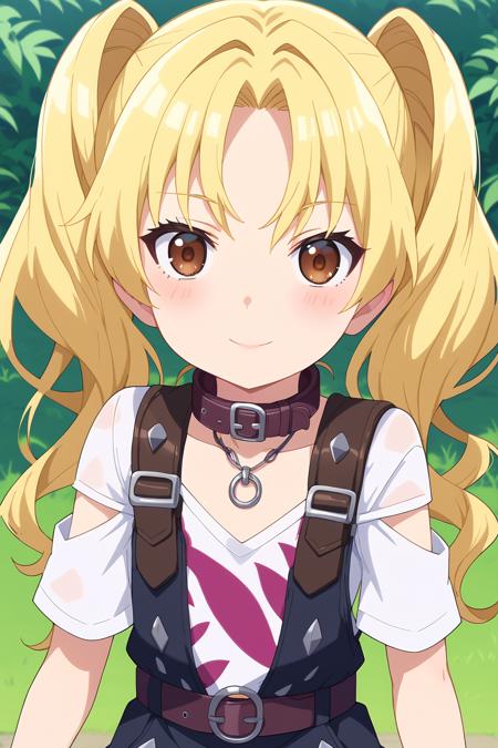 1girl, katagiri yuzuki, black bullet, long hair, blonde hair, twintails, brown eyes, flat chest, yuzukiout, white shirt, short sleeves, necklace, belt collar, short shorts, anime screencap, anime coloring,