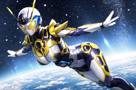 (masterpiece,best quality,4k,8k)kamen rider valkyrie RC, (1girl, solo, mature female, large breasts,wide hips,thighs), day,looking at viewer, antennae, dynamic pose,flying,leaping, in air,shiny costume, (skin tight bodysuit), glowing yellow eyes, armor, science fiction, tokusatsu, female focus, kamen rider,belt,white gloves, <lora:kamen_rider_valkyrie_LH-09:0.6> <lyco:GoodHands-beta2:1.0>