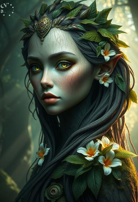 A majestic nature spirit with the face of a beautiful woman, her skin made of bark and moss, glowing green eyes, long flowing hair made of leaves and vines, flowers blooming from her shoulders, ethereal forest background with soft sunlight beams, mystical and serene expression, high detail, fantasy art, 8k, studio lighting"
