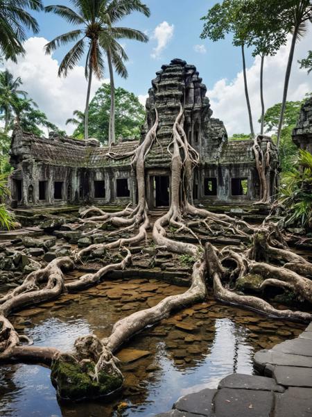 <lora:JJsTempleRuin_XL:1>,   (Temple Ruin)), ((masterpiece)), ((best quality)), scenery, outdoor, real world location,  sky, cloud,,day,water,tree, palm, pool,forest,tree root,