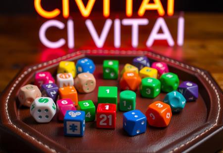 Many colorful polyhedral dice show the number "1" on a hexagonal leather dice tray. A neon sign reads "CIVITAI" above.