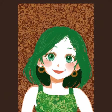 <lora:artofmaquenda:1>, artofmaquenda,  poster, letterboxed, pillarboxed, illustration, simple background, brown hair, character name, dress, green eyes, short hair, smile