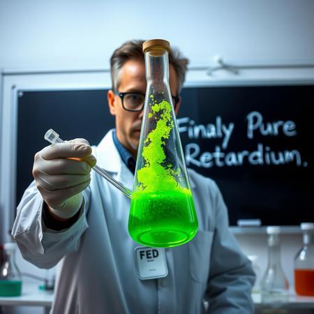 a scientist in a laboratory holding an eprubet with a green substance on a blackboard in the background is written: "Finaly Pure Retardium"