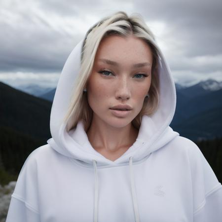 meredithduxbury <lora:meredithduxbury_sd15-000018:1>  Realistic 8K portrait: A young Smiling Freckles blonde, blue eyes, wind-blown long hair, hoodie, alps; dramatic lighting, cinematic colors; hyper-above