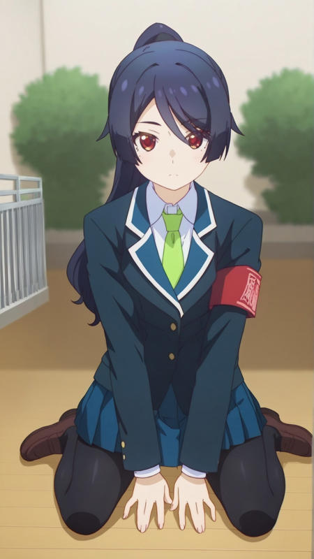 rin_shinomiya rin_shinomiya, an anime girl, 1girl, solo, long hair, looking at viewer, bangs, skirt, simple background, shirt, black hair, red eyes, long sleeves, white background, closed mouth, school uniform, blue hair, standing, jacket, full body, white shirt, ponytail, pantyhose, pleated skirt, necktie, shoes, collared shirt, miniskirt, blue skirt, black pantyhose, brown footwear, blazer, blue jacket, loafers, armband, green necktie rin_shinomiya, an anime girl, 1girl, solo, long hair, smile, bangs, black hair, medium breasts, rin_shinomiya, an anime girl, 1girl, solo, long hair, smile, open mouth, bangs, shirt, black hair, white shirt, upper body, ponytail, short sleeves, necktie, armband, microphone, pocket, breast pocket, green necktie