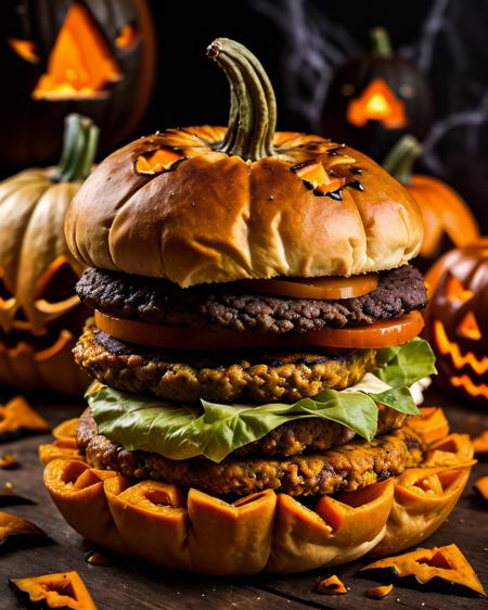 realistic photo of a halloween (pumpkin:1.1) burger