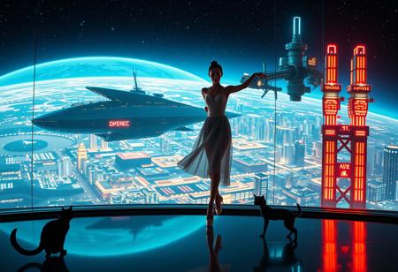 a beautiful elegant female dancer wearing ballet slippers and a futuristic chinese inspired dress is dancing on a futuristic stage micro-LED lighted, a black cat with a red collar watches from the edge of the stage, behind the dancer on the stage is an enormous seamless and futuristic wall to wall and floor to ceiling window that looks out at a planet from low orbit, the planet is covered with the lights of enormous buildings and cities, An enormous deco starship with futuristic lighting and an enormous space station are visible in the background among the stars, Artistic art deco, dynamic perspective, (((overall architectural aesthetic is Art Deco Cyberpunk))).  Epic image that elicits a feeling of wonder and awe,