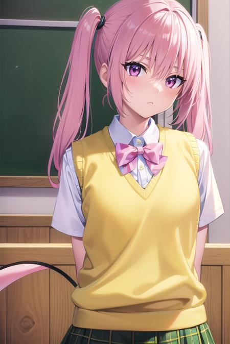 nanadeviluke, <lyco:nanaastadeviluke-lyco-nochekaiser:1>,
nana asta deviluke, fang, long hair, (pink eyes:1.5), pink hair, tail, twintails, (flat chest:1.2),
BREAK green skirt, plaid, plaid skirt, sainan high school uniform, school uniform, skirt, shirt, white shirt, sweater vest, (yellow sweater vest:1.5), short sleeves,
BREAK indoors, classroom,
BREAK looking at viewer, (cowboy shot:1.5),
BREAK <lyco:GoodHands-beta2:1>, (masterpiece:1.2), best quality, high resolution, unity 8k wallpaper, (illustration:0.8), (beautiful detailed eyes:1.6), extremely detailed face, perfect lighting, extremely detailed CG, (perfect hands, perfect anatomy),