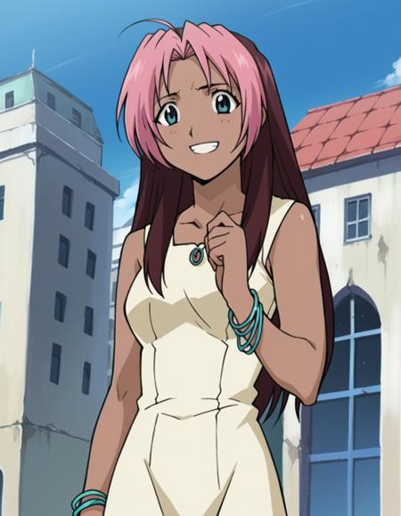 rose, long hair, brown hair, pink hair, ahoge, multicolored hair, dark skin, two-tone hair, dark-skinned female, split-color hair, dyed bangs, dress, jewelry, bracelet, white dress,