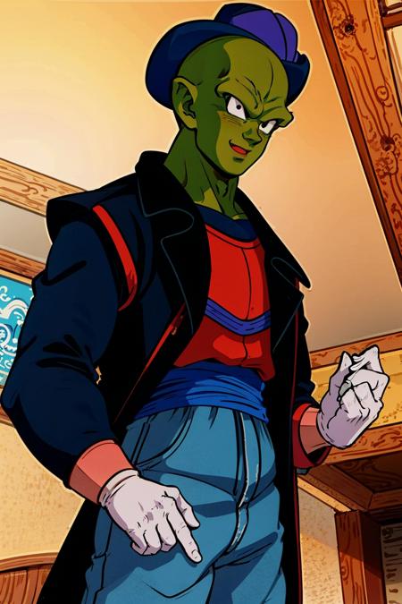 masterpiece, best quality, piccolo,1boy, male focus, cowboy shot, solo, standing,green skin, (blue top hat), red vest, black long coat, long black sleeves,white gloves, green pants, looking at viewer, bald,black eyes, from below,open mouth, smile, interior, (pointy ears:0.5),(bald)