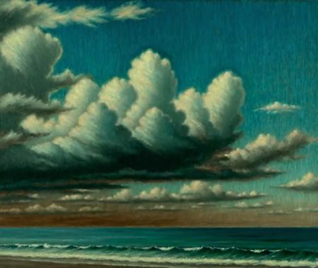 Arcpastel of white clouds in a blue and black and brown sky over a blue and black and brown sea, Realismï»¿, cloudscape, Sky, Water, morning