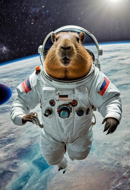 a capybara wearing a spacesuit floating in space