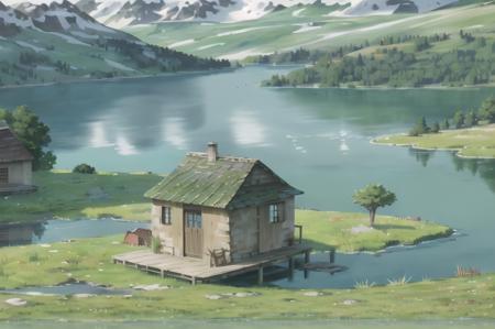 howlbgs, grass, lake, cabin, <lora:howlbgs:1>