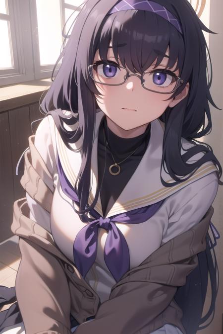 uikozeki, <lyco:uikozeki-lyco-nochekaiser:1>,
ui kozeki, bags under eyes, black hair, (purple eyes:1.5), glasses, halo, long hair, red-framed eyewear,
BREAK black pantyhose, black undershirt, blue hairband, blue neckerchief, brown cardigan, brown sweater, cardigan, hairband, long sleeves, messy hair, neckerchief, pantyhose, sailor collar, school uniform, serafuku, sweater, white sailor collar, white serafuku, skirt, long skirt,
BREAK looking at viewer,
BREAK indoors, classroom,
BREAK <lyco:GoodHands-beta2:1>, (masterpiece:1.2), best quality, high resolution, unity 8k wallpaper, (illustration:0.8), (beautiful detailed eyes:1.6), extremely detailed face, perfect lighting, extremely detailed CG, (perfect hands, perfect anatomy),