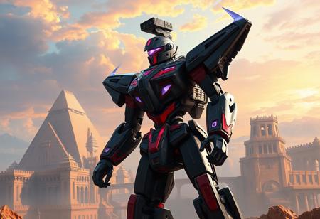 An epic concept art digital painting, influenced by the meticulous detail of Greg Rutkowski and the dramatic flair of Gaston Bussiere, depicting the Sari of the Silverwing Axe robot. It stands in a dynamic action pose before the sprawling, ancient architecture of a Triamid Fortress, under a sky of harmonious, multi-colored hues. The robot, rendered with stunning colors – a predominantly black body adorned with vibrant red and purple accents on its chassis, arms, and legs – showcases a black and red head with a piercing purple visor, a camera mounted atop, gazing out with intentional focus. Every element is handcrafted with precision, with sharp lines and bold brush strokes that give it a sense of immense strength and resilience, as if a legendary artifact despite being a toy, radiating a powerful message of meritocracy. This intricately detailed masterpiece, trending on Artstation and CGSociety, presents an impeccable composition from a creative angle, imbued with a grim yet sparkling atmosphere and captivating lighting, achieving contemporary aesthetics with a very detailed, vibrant color palette, reflecting the essence of 35 documentaries on heroism.
