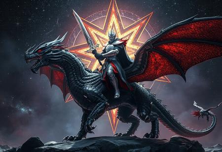 Epic full-body image of Galaxy Knight standing on a black Chimeratech Fortress Dragon, with a detailed 4K rendering. The Galaxy Knight, in silver and black armor with red and blue accents, wields the Celestial Sword - Eatos. The dragon stands in front of a Majestic Star Dragon, creating a dynamic and captivating composition. The image showcases intricate details, harmonious colors, sharp lines, and stunning colors. Rendered with Octane, it features vivid emotions and a powerful message. (76 words)