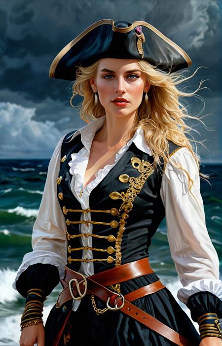 Realistic portrait of a beautiful blonde pirate,inspired by the works of John Singer Sargent,long shot with intricate details on her clothes and accessories,surrounded by a stormy sea in the background. The painting captures the essence of adventure and danger,while also showcasing the beauty and strength of the character
