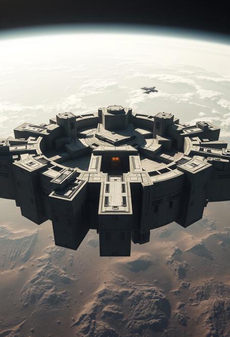 A colossal orbital fortress drifts above a barren moon, its structure designed with severe minimalism and monumental proportions. Massive interlocking concrete-like slabs form walls, towers, and bridges, their surfaces textured with faint imperfections that enhance their realism. Vast voids and open courtyards break the solidity, allowing shafts of light to cut through, casting razor-sharp shadows that shift with planetary rotation. The design is geometric and timeless, as though carved from a single colossal block of stone, embodying both futuristic technology and ancient monumentality. No ornamental details clutter the surface; instead, the fortress speaks through silence, proportion, and scale. In the distance, docking bays glow faintly, hinting at the fortress’s hidden strength. A fleet of small spacecraft approaches, dwarfed by the immense architecture. The background reveals a planet’s surface below, bathed in pale light, with swirling clouds and deep oceans visible. The visual tone is cinematic and hyper-realistic, emphasizing sharp contrasts between illuminated planes and shadowed recesses. The camera perspective is from a spacecraft’s approach, framing the fortress as a dominant structure filling the horizon. The atmosphere suggests solitude, serenity, and indomitable power suspended in orbit above eternity.