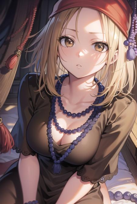 anna kyouyama, blonde hair, short hair, (brown eyes:1.5), bandana, beads, black dress, dress, prayer beads,