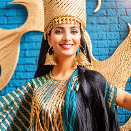 create a surrealistic version of the Babylonian style costume worn by a smiling Arabic woman in the promotional image. Include a long braid, fur collar, and chain around the neck, and incorporate abstract elements that represent the lush garden and green bird. babylon  style, close-up