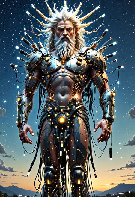 zeus made of Transistors, sparkly sky, mobe-cybideen,