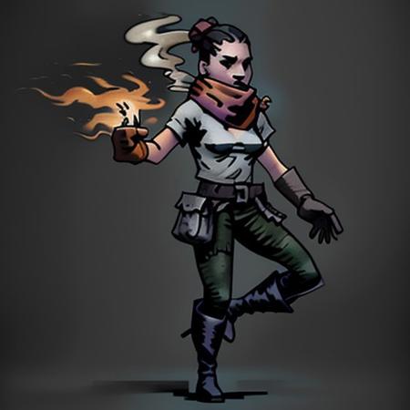 masterpiece, best quality, 1girl acrobat, (loose outfit, scarf around neck, tshirt, fur belt, boots, gloves, baggy pants), full body, sketch, fire and smoke effects, darkest dungeon, solid gray background <lora:DarkestDungeon_hard:1>
