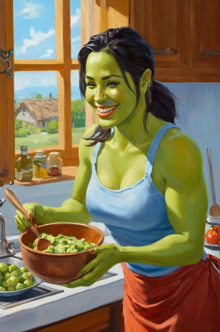 <lora:femaleorcv1:1> orc, female orc, fangs, green skin, , <lora:EnvyRoughOilXL01v11-prodigy-batch6:0.7> rough oil painting, anime style, Choppy Layers,, A highly detailed mother in her kitchen preparing meal, window sunny day, happy, smiling,