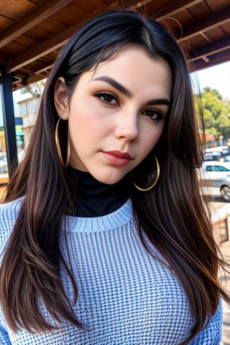 Vltnppi, piercing eyes, looking straight, very happy,long hair, wearing sweater, choker, closeup portrait, in a outdoor cafe in 2015, afternoon light