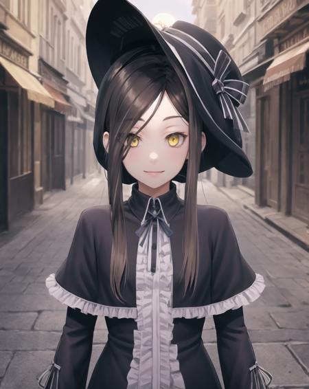 best quality, (masterpiece:1.2), illustration, absurdres,  
(1girl, solo), (beautiful detailed girl) 
<lora:Beryl-08:0.8>, Beryl, yellow_eyes, small breasts, black hair, long hair,
 frills, (long) black dress, long gothic dress, black boots, hat, headwear, 
creepy , scary , weird , yandere, looking at viewer, smile, 
inside middle eastern town, middle east, bazaar, cobblestone street,  sky, sun, day,