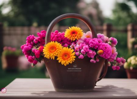 an antique bucket filled with flowers in the garden, product photo, ad shot, intricate details, cinematic style