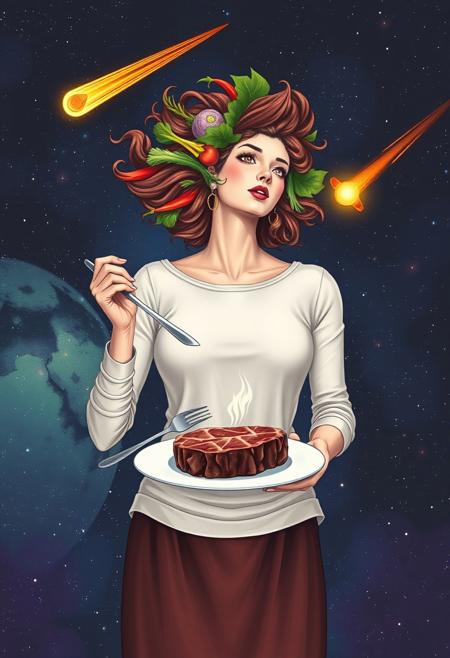 a woman whose hair is vegetables is eating steak with fork and knife in cosmic space, standing, looking away, shooting star, comet,  floating dish, absurdres,
