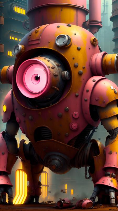 <lora:MinionStyle:1.25> MinionStyle Pink  portrait, solo, (full body:0.6), looking down, detailed background, detailed face, (dystopian futuristic theme:1.1), rust-warrior, rusty armor, rusted iron, rusted metal, (rusty:1.05), brown rust,  corroded,   dented, dirt, made of rust, fully rusted,   stoic expression,   rust in background, low light, shadows,  cinematic atmosphere,, (Masterpiece:1.3) (best quality:1.2) (high quality:1.1)