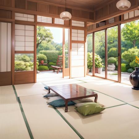 best quality, ultra-detailed, illustration,
washitsu, table, indoors, tatami, tree, sliding doors, vase, cup, architecture, book, painting (object), cushion, sunlight, plate, 
 <lora:JAPAN_Scenery_Washitsu_SD15_V2:1>