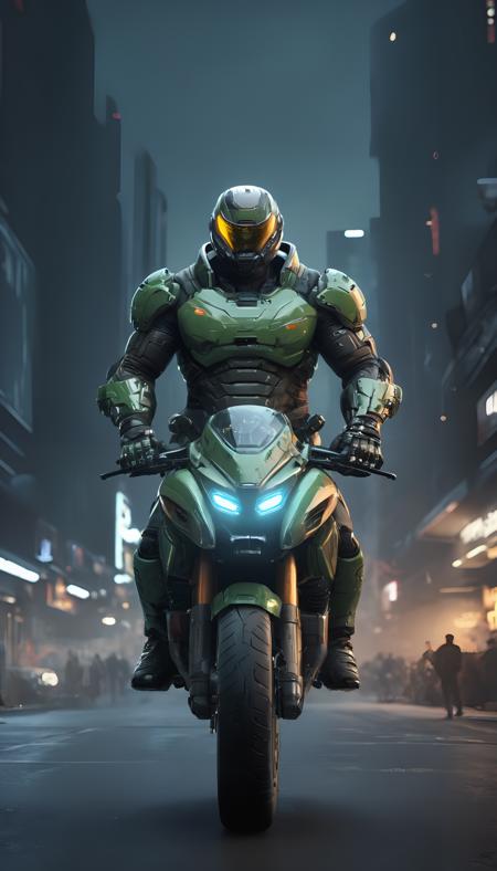 (photo portrait of (Doomguy:1.4) (riding a motorcycle, in futuristic outfit:1.2)), (Doomguy riding a motorcycle:1.1), (looking at the camera:1.1), (looking at the viewer:1.1), dramatic lighting, ((mechanical prosthetics, robot hands)), action pose, (motorcycle), BREAK, dynamic, vibrant, action-packed, detailed character design, (professional photo of Doomguy:1.2), (extremely detailed Doomguy face:1.4), (Doomguy riding a motorcycle:1.3), 1 man, cyberpunk clothing, cyberpunk, (cyberpunk background:1.2), (extremely detailed cyberpunk background:1.3), extremely detailed background, cyberpunk body modification, cyberpunk 2077 body modification, (neon city background), cyberpunk suit, robot, science fiction, solo, full body, wires and cables, sharp focus, natural lighting, cyberpunk reimagined, neon lights, action pose, colorful, bright colors, science fiction, a dystopian cyberpunk city, neon, cyberpunk 2077, (cyberpunk 2077 cityscape), art by Masamune Shirow,soft neon light, cinematic, vivid details, robotic bionic features, (masterpiece, hyperrealistic, best quality:1.2), official art, extremely detailed CG unity 8k wallpaper, detailed background, best quality, expressive eyes, perfect face, perfect eyes, perfect anatomy, extremely detailed eyes and face, looking at viewer, detailed background, detailed clothes, cinematic lighting, beautiful 8k, masterpiece, best quality, high quality, hdr, photography by cosmicwonder, high definition, symmetrical face, volumetric lighting, 24mm, 4k, DSLR, high quality, ultra realistic,